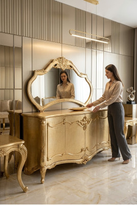 Luxus Sideboard Anrichte mit Spiegel Garnitur Kommode Holz Kommoden Klassische