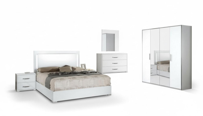 Schlafzimmer Bett Nachttisch Kleiderschrank Kommode Spiegel Modern Weiß Set 6tlg