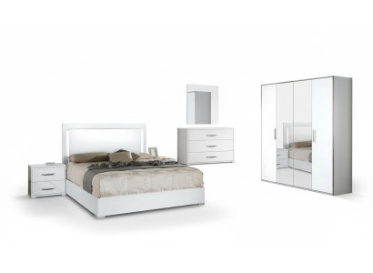 Schlafzimmer Bett Nachttisch Kleiderschrank Kommode Spiegel Modern Weiß Set 6tlg