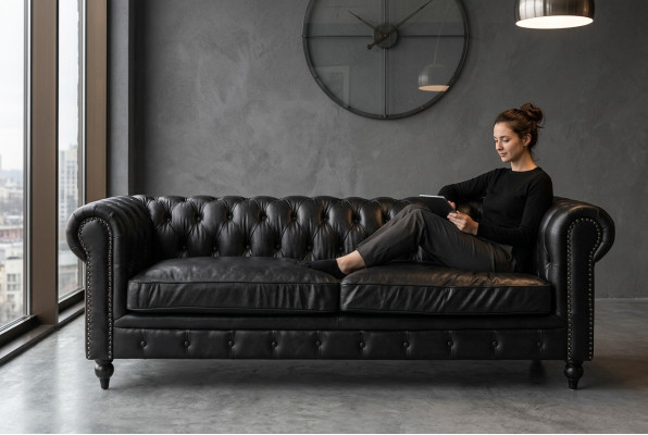 Cheterfield Sofa 3 Sitzer Modern Leder-Fibre Echtholz Luxus Klassisch Stil Möbel