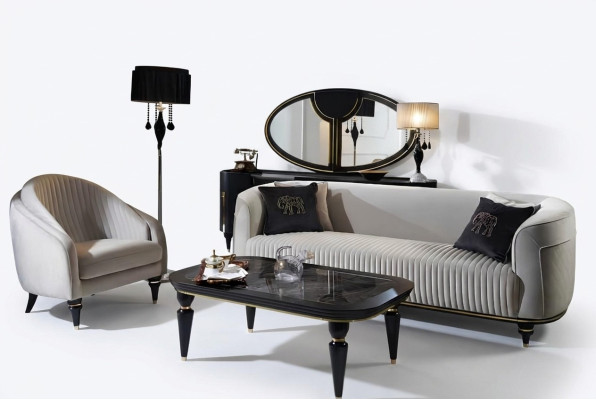 Sofagarnitur 3+1 Sitzer Stoff Sofa Couch Garnitur Design Grau Schwarz Möbel 2tlg