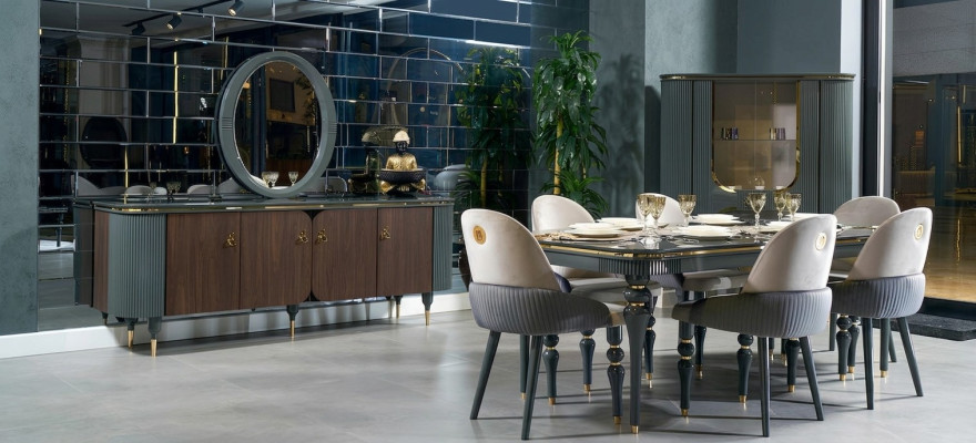 Esszimmer Set Garnitur Vitrine Tisch 6x Stuhl Kommode Spiegel Modern Neu 10tlg.