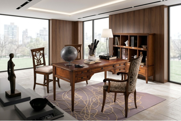 Schreibtisch und Stuhl aus Holz mit Armlehnen Bücherregal Büromöbel Design 4tlg