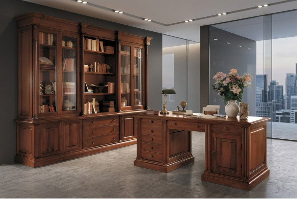 Büro Einrichtung Massiv Holz Schreibtisch Bücherschrank Tisch Regal Schrank 2tlg