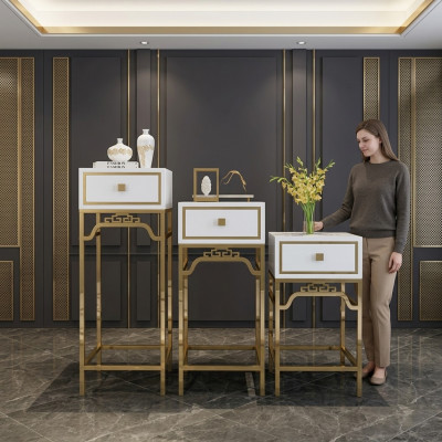 Ständer Konsolen Tisch Säule Design Regal – Holz mit Edelstahl Hochglanz