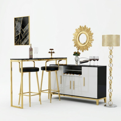 Luxus Edelstahl Glas Haus Bar 4 tlg. Garnitur Bartisch 2x Barhocker Schrank