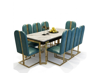 Edelstahl Marmor Imitation Tisch + 8 Lehn Stühle Ess Zimmer Gruppe