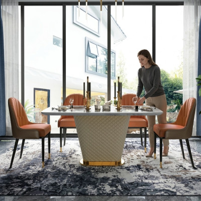 Luxus Esstisch Leder + Edelstahl Marmor Imitation Stein Tisch Esszimmer