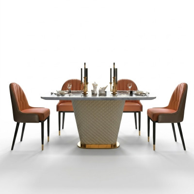 Luxus Esstisch Leder + Edelstahl Marmor Imitation Stein Tisch Esszimmer