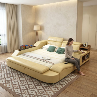 Multifunktions Bett Luxus Design Leder Betten Doppel Deko Regal 180x200cm