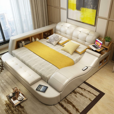 Luxus Funktions Bett mit Tresor Laptop Ablage Doppel Ehe Betten xxl Hotel Leder