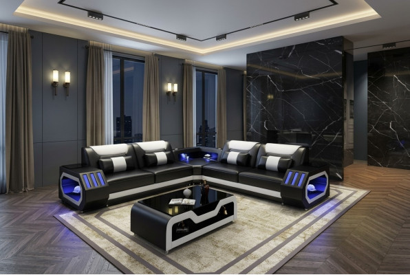 LED Beleuchtete Ecksofa Wohnzimmer Leder Couch Sitz Polster Wohnlandschaft Sofa