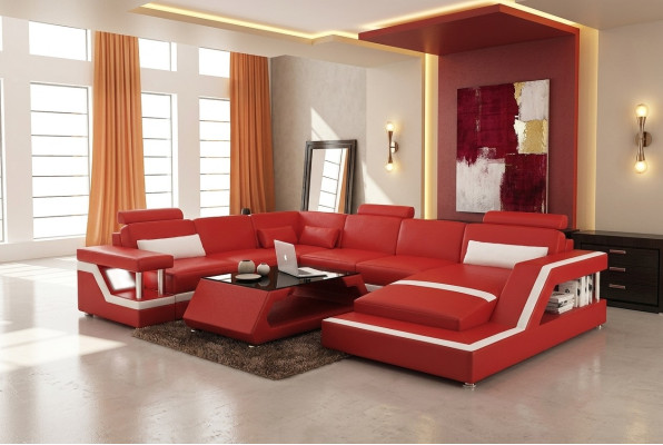 Rote Ecksofa Ledersofa Big XXL U Form Wohnlandschaft Sofa Couch