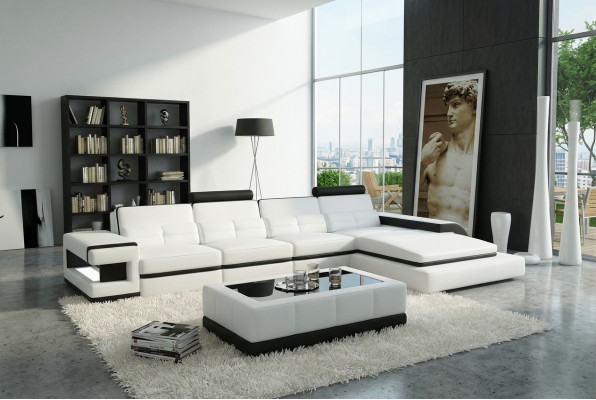 Ecksofa L-Form Sofa Couch Design Grau Polster Leder Modern Beleuchtete