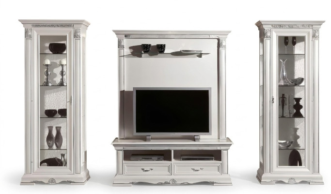 Klassische Wohn Wand Wohnzimmer Vitrine Sideboard RTV Regal Wände Schrank 4tlg. Massivholz