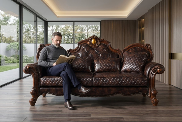 Geschnitzte Barock Wohnzimmer Möbel Sofa Leder Couch Dreisitzer Sitz