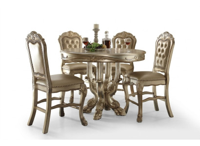 Klassischer Goldener Rund Esstisch Tisch Esszimmer Chesterfield x4 Stühle 5tlg. Garnitur