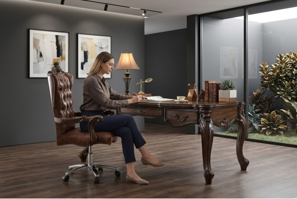 Chefsessel Sessel Klassischer Stuhl Büro Drehstuhl Leder Holz Barock