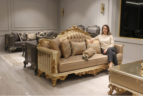 Luxus Sofa 3 Sitzer Textil Sofa Gold Design Möbel 3er Chesterfield Polster Neu