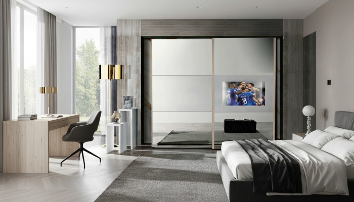 Kleiderschrank Schränke Kleider Schrank Luxus Holz Schwebetüren tv mit Fernseher