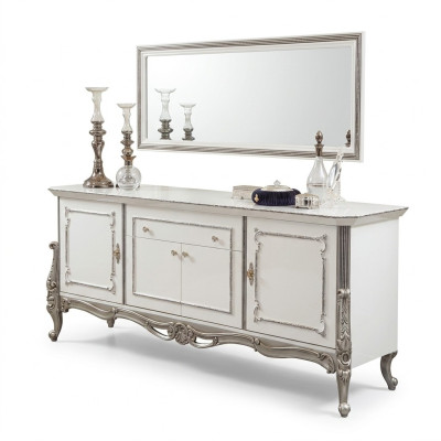Sideboard Weiß Silber Anrichte Konsolen Kommode Italienischer Stil 2tlg. Spiegel