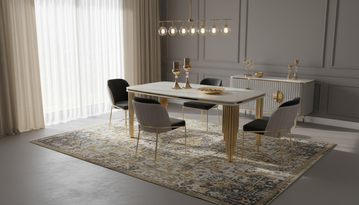 Essgarnitur Luxus Esstisch 4x Stühle Essgruppe Tisch Edelstahl Komplett Set 5tlg