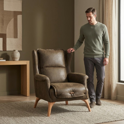Weicher Ohrensessel Couch Sessel Einsitzer Möbel Sofa Wildleder Optik Schwarz
