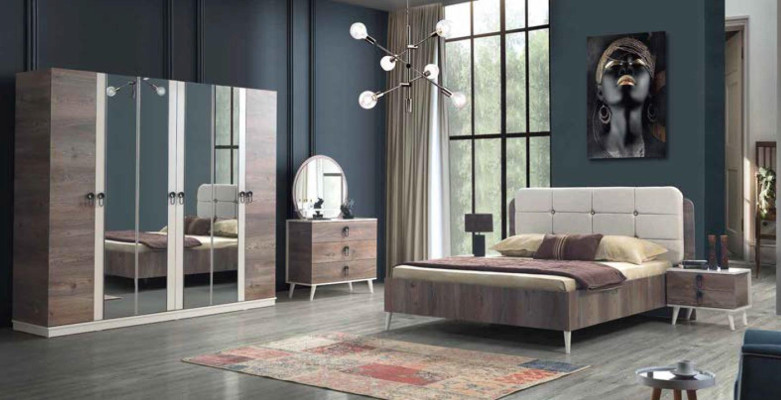 Komplettes Schlafzimmer Bett Bank Schminktisch Kleiderschrank Nachttisch 5tlg.