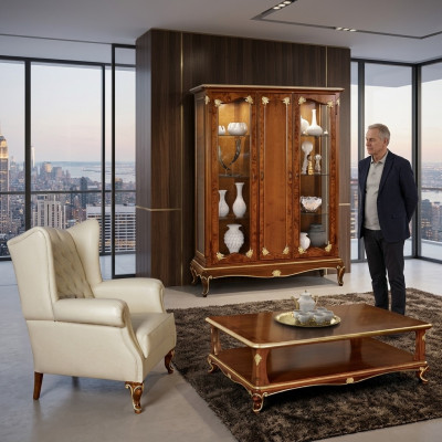 Klassische Vitrine Möbel Wohnzimmerset Schrank mit Couchtisch Vitrine Italien
