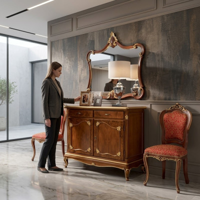 Anrichte Kommode Spiegel Kommode Schubladen Holz Art Deco Luxury Design Set 2tlg