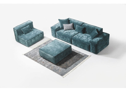 Sofagarnitur Würfel Möbel xxl 3+1 Sitzer Blau Wohnzimmer Sessel Hocker