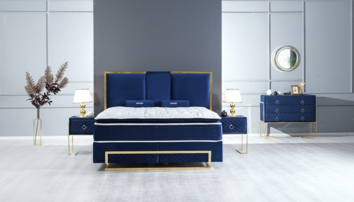 Schlafzimmer Set Bett Blau Hocker Kommode Design Luxus 2x Nachttische 5tlg. Neu