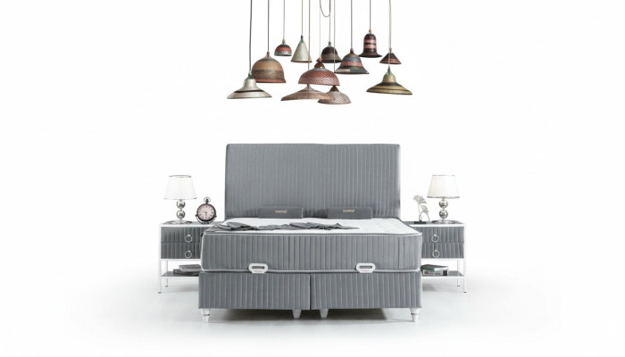 Schlafzimmer Set Grau Metall Bett Boxspring Design 2x Nachttische Neu 3tlg.