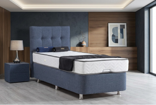 Bett Blau Einzelbett Metall Modern Betten Luxus Stoff Bett Chesterfield Neu