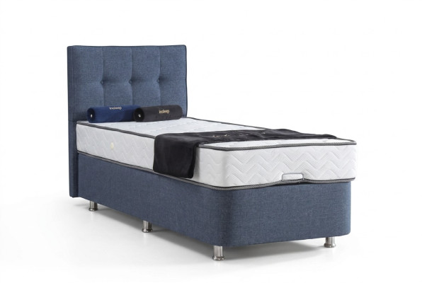 Bett Blau Einzelbett Metall Modern Betten Luxus Stoff Bett Chesterfield Neu