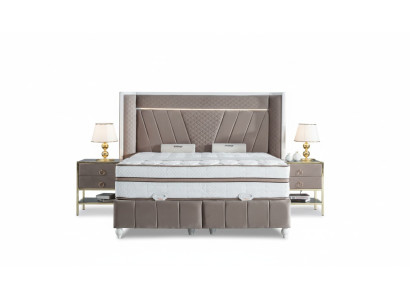 Luxus Schlafzimmer Set Beige Bett 2x Nachttisch Betten Möbel Led 3tlg