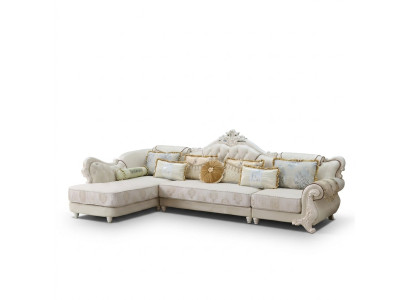 Klassisches großes Ecksofa in Weiß mit handgefertigten Holzelementen