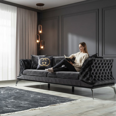 Sofa 3 Sitz Polster Möbel Dreisitzer Couchen schwarz Holz mit Metall
