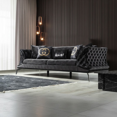Sofa 3 Sitz Polster Möbel Dreisitzer Couchen schwarz Holz mit Metall