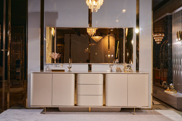 Wohnzimmer Anrichte Spiegel Material Holz mit Metall Stil Modern Beige