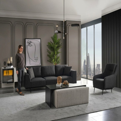 Sofagarnitur Sofa 4 Sitzer Viersitzer Sessel Set Stoff Modern Grau