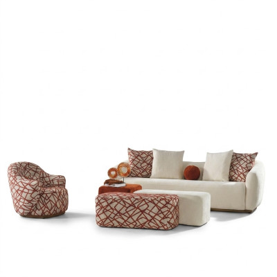 Sofagarnitur Wohnzimmer Set Sofa 4 Sitzer Sessel 3x Hocker Weiß Viersitzer Stoff