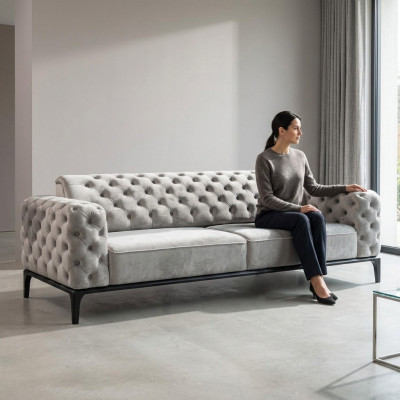 Dreisitzer Sofa 3 Sitzer Sofas Stoff Weiß Wohnzimmer Chesterfield Neu