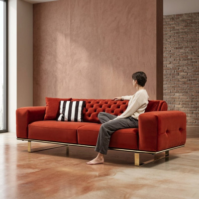 Dreisitzer Chesterfield Sofa 3 Sitzer Sofas Rot Stoff Wohnzimmer Luxus