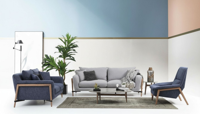 Sofagarnitur 221 Sitzer Sofa Modern Stoff Set Blau Gruppe Wohnzimmer