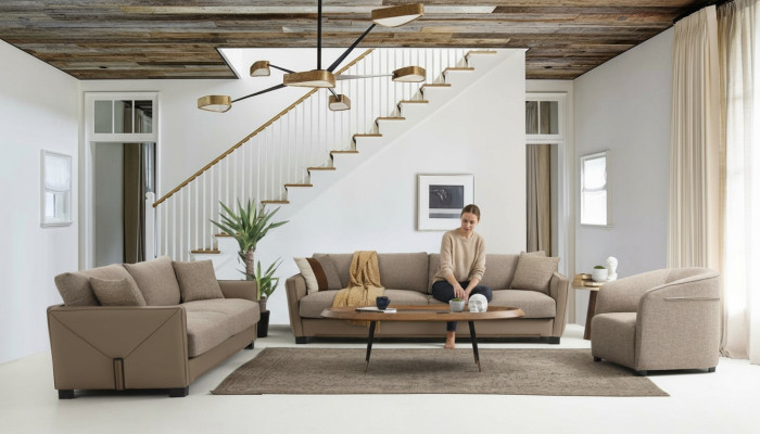 Modern Sofagarnitur Set 331 Sitzer Sessel Dreisitzer Modern Stoff Beige Set 3tlg