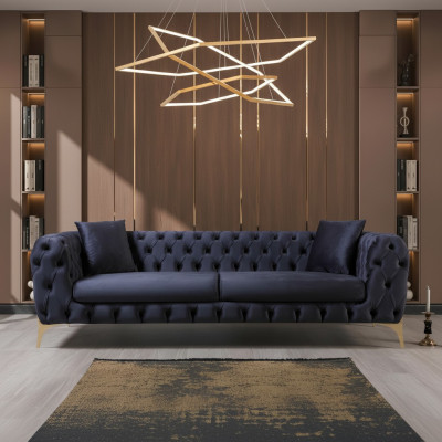 Chesterfield Dreisitzer Edelstahlfüße Luxus Sofa Blau Designermöbel Neu