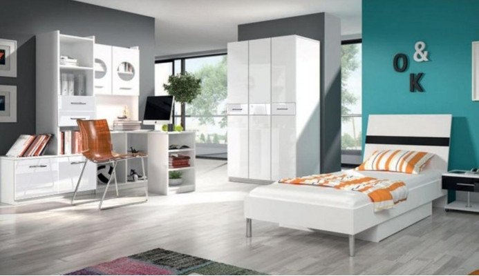 Weißes Kinderzimmer Set Schrank Kommode Tisch Holz Hochglanz 5tlg.