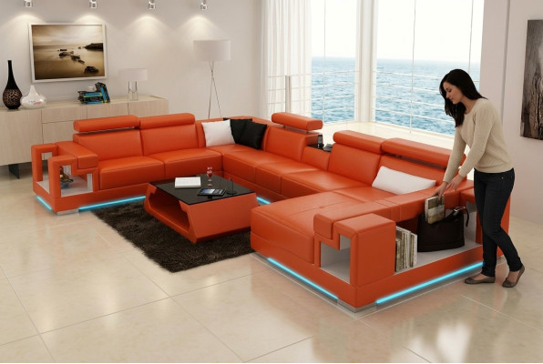 Ecksofa Garnitur Modern Sofa USB Ledersofa Sofa Couch Wohnlandschaft Orange Neu