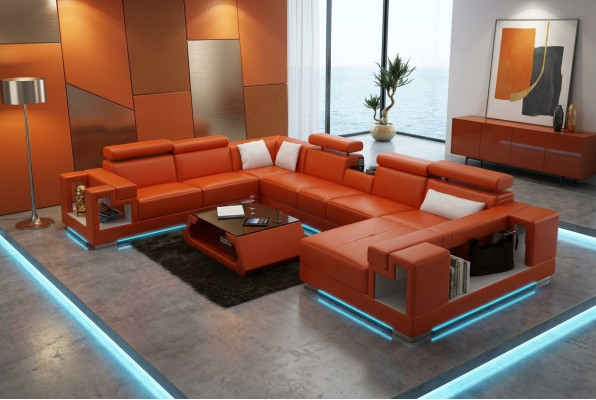 Ecksofa Garnitur Modern Sofa USB Ledersofa Sofa Couch Wohnlandschaft Orange Neu